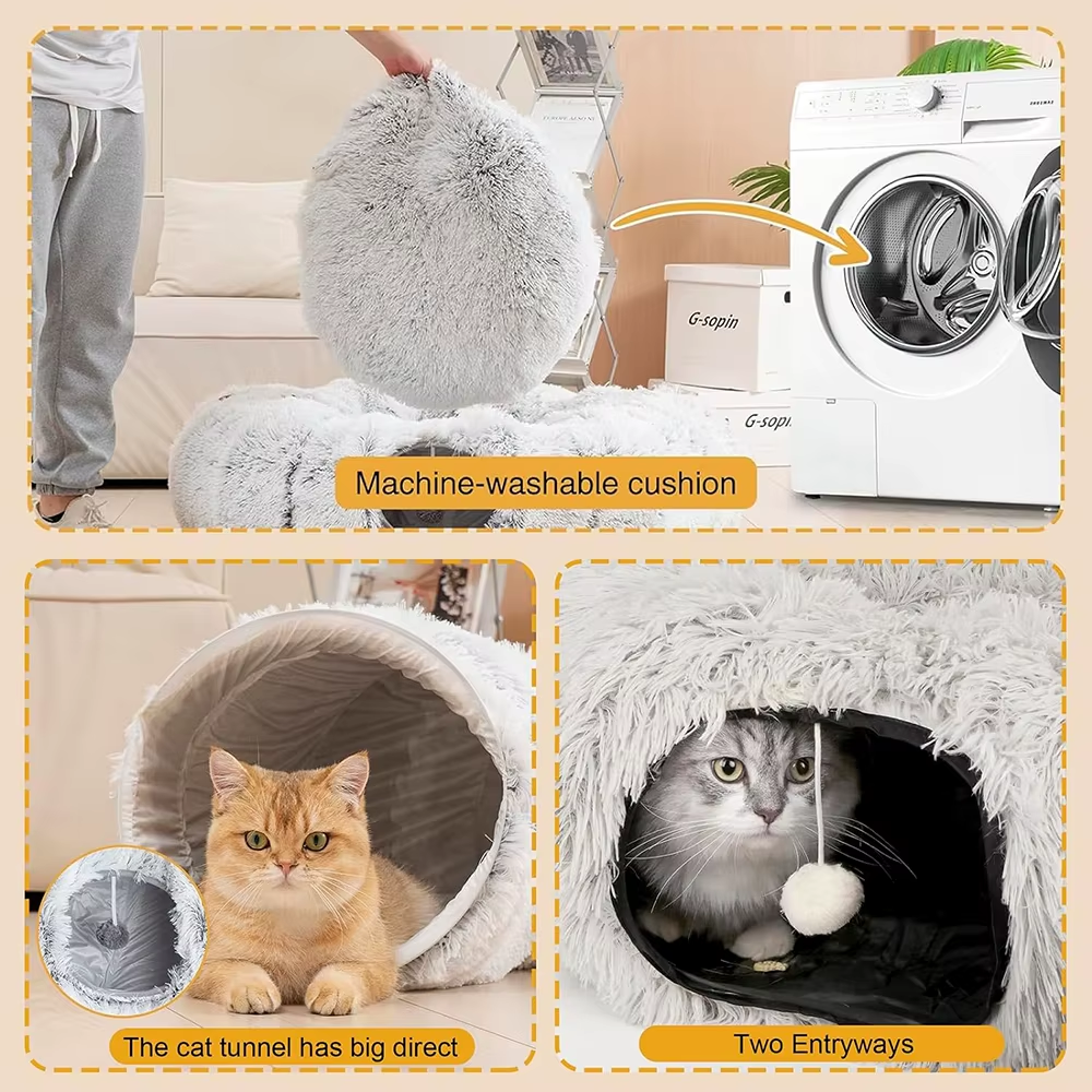 Winter New Arrival Plush Cat Tunnel Bed Foldable Two-In-One round Warmth Pet Nest Thickened Cozy Cuddly Cat Hideaway